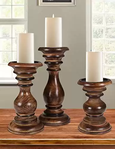 Candle Holder Stand Wooden, Candalbras, Candle Holders, Unity Candle Holders, Rounded Turned Colums, Country Style Idle Gift for Wedding, Party, Home, Spa - 10,8,6 Inch Set of 3 - Burnt