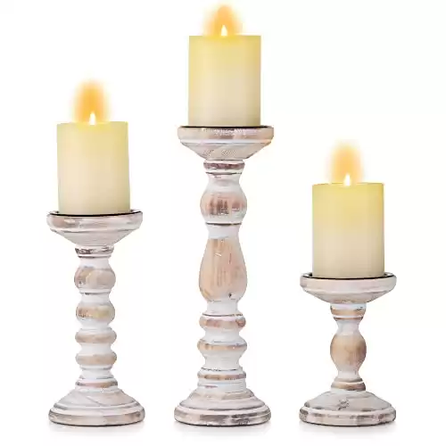 Inweder Wooden Candle Holders Pillar 3Pcs Wood Candlestick Holders Rustic Pillar Candle Holder Set Distressed White Shabby Chic Tealight Holders for Wedding Centrepieces Farmhouse Home Room De...