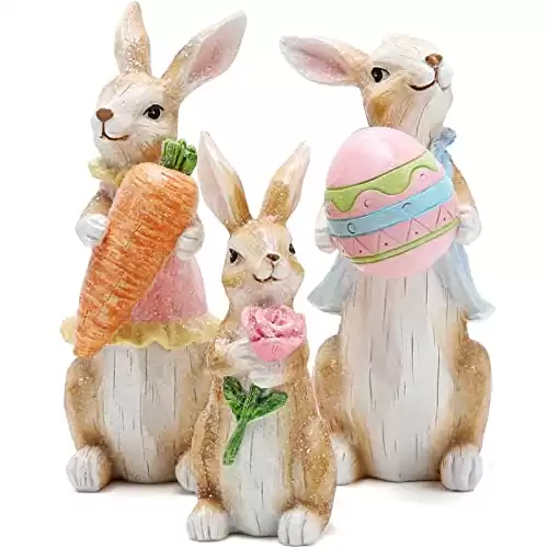 Hodao 3 PCS Easter Bunny Family Decorations Spring Easter Rabbit Decors Figurines Tabletopper Decorations for Party Home Holiday Cute Rabbit Easter Day Decorations (Brown Bunny)