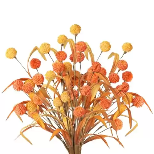 YUDAEE 6Pcs Autumn Artificial Flowers Orange Silk Craspedia Flowers Yellow Billy Button Balls Bouquet Fake Plants Fall Faux Flowers for DIY Flower Arrangements Wedding Home Fall Decor