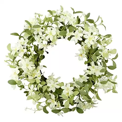 WreathDream 18'' Spring Wreath Summer Wreath for Front Door with Green Eucalyptus Leaves and White Cherry Blossoms for Home Outdoor Farmhouse Porch Wall Decoration, White Gift Box Included