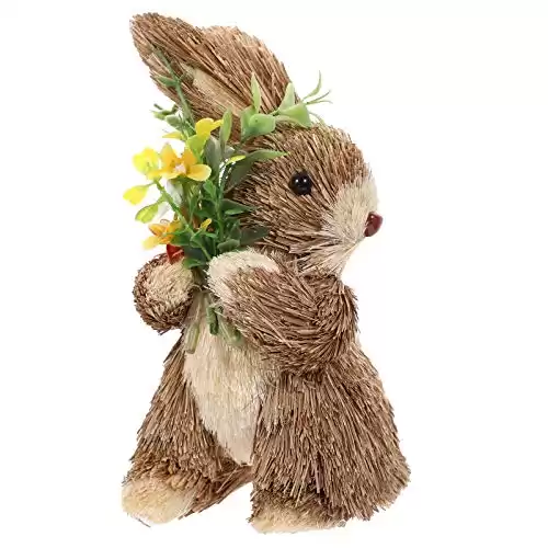 NUOBESTY Standing Bunny Figurine Straw Woven Easter Rabbit Holding Flower Doll Desktop Artificial Animal Model Sculpture Statue for Easter Day Garden Desktop Ornament