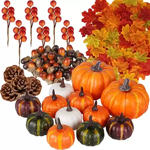 Ywlake 162 Pcs Autumn Artificial Maple Leaves, Harvest Pumpkins, Acorns, Pine Cones and Orange Berry Stems Set for Fall Thansgiving Halloween Holiday Party Decor Decoration