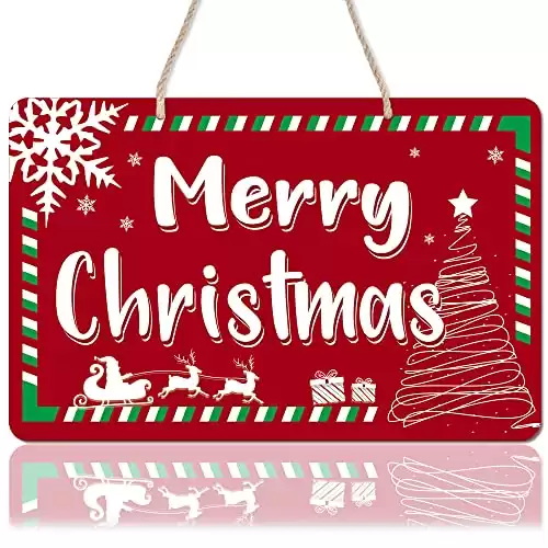 Uflashmi Merry Christmas Door Sign, Metal Merry Christmas Wall Decor sign, Christmas Hanging Sign for Front Door Decorations, 11x7 Inches