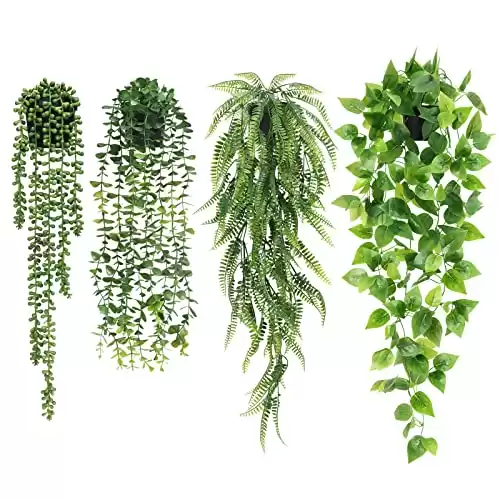 JPSOR Fake Hanging Plants, 4 Pack Artificial Potted Greenery Faux Eucalyptus Vine, Boston Fern, String of Pearls, Pothos Ivy in Pot for Home Room Wall Shelf Patio Garden Indoor Outdoor Decor