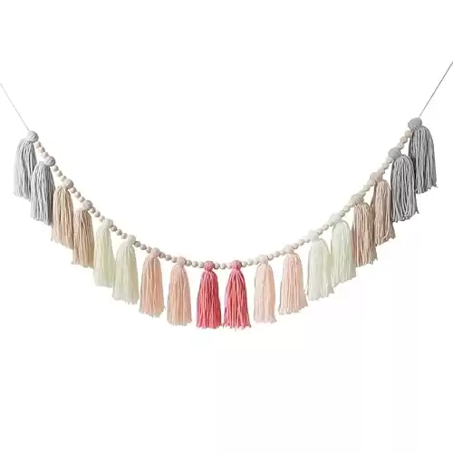 DrCor Pink Grey Tassel Garland Boho Rainbow Tassel Wall Hanging Decor for Christmas Classroom Birthday Party Nursery Kids Bedroom Wedding Baby Shower Decoration