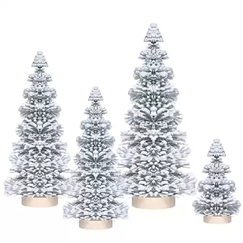 Mini Christmas Tree, Vlorart 4PCS Artificial White Bottle Brush Christmas Trees, Snow Miniature Tree, Small Bristle Christmas Trees, White Flocked Tabletop Tree with Wooden Bases for Xmas Home Decor