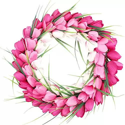 H&W Tulip Wreaths for Front Door Décor, 15'' Springtime Silk Flower Wreath for Window Wall Party Wedding Valentines Day Hanging Decorations, Pink Garland MC12-D2