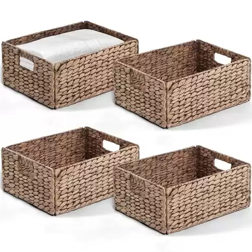 BLUEWEST Woven Baskets for Storage Set of 4, Natural Water Hyacinth with Firm Built-in Handles, Multifunction Handwoven Basket for Organizing Kitchen/Bathroom/Laundry Room/Wardrobe/Living Room