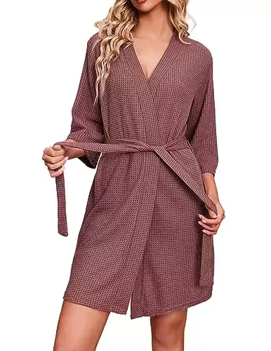 Ekouaer Womens House Robes Short Knit Bathrobe Waffle Spa Robes Soft Dressing Gown, Large