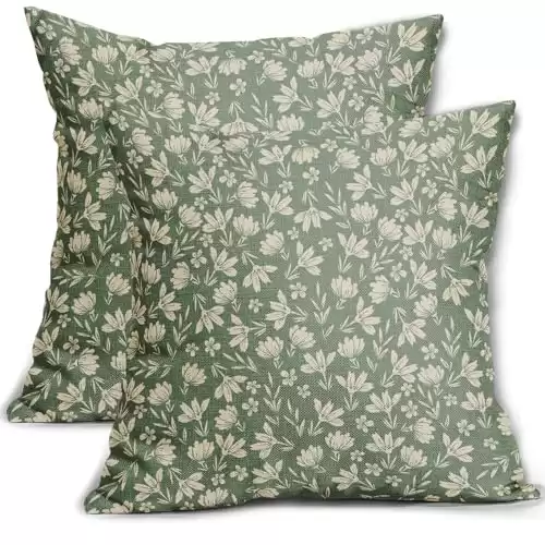 Aytipun Spring Sage Green Pillow Covers 18x18 Set of 2 Vintage Floral Rustic Old Style Cute Flower Print Decorative Outdoor Pillowcases Seasonal Farmhouse Throw Cushion Case Decor for Couch Sofa Bed