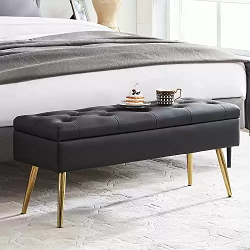 RUCUKEN Storage Bench for Bedroom End of Bed Bench Foot of Bed Bench Entryway Bench Ottoman 40" W x 13.8" D Black Leather Bench