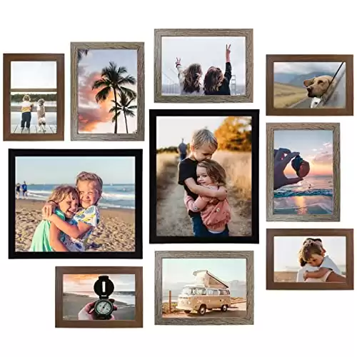 LIPHISFUN Picture Frames Collage Wall Decor 10 Pack Gallery Wall Frame Set with Multi Sizes 4x6 5x7 8x10 Photo Frames Collage for Wall or Tabletop Display in 3 Different Finishes - Black, Gray, Brown