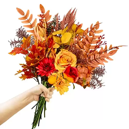 Ruidazon Artificial Fall Flowers Bouquets, 21.6 Autumn Fake Silk Orange Flowers Wedding Bouquets with Fall Florals Stems for Bridal Bridesmaid, Rustic Home Thanksgiving Table Centerpiece Decor