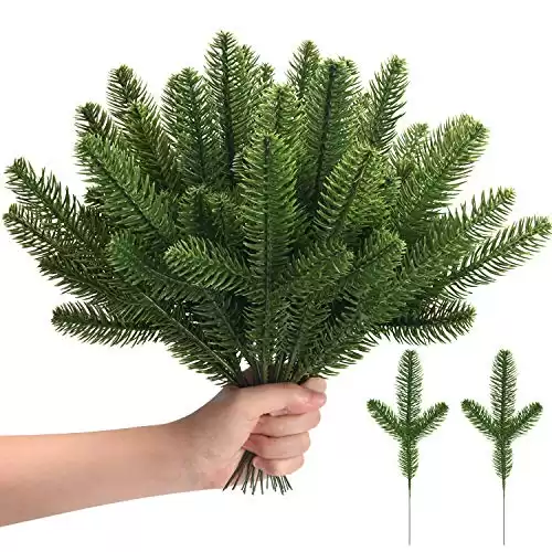 Noverlife 50PCS Christmas Artificial Pine Greenery Floral Picks, Evergreen Faux Fir Branch Spray Xmas Greenery Pines Twig Stems for Holiday Arrangement Wreath Garland Centerpiece Decorations