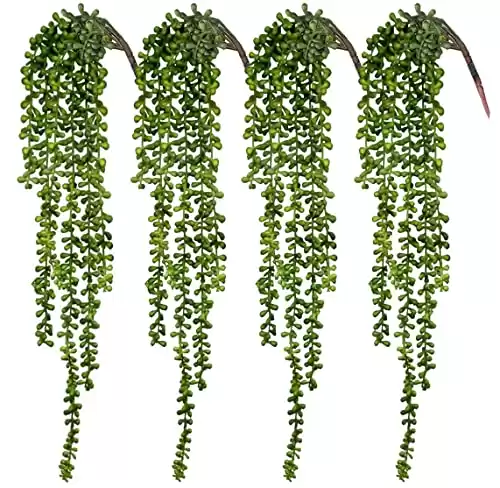 CEWOR 4pcs Artificial Succulents Hanging Plants Fake String of Pearls for Wall Home Garden Decor (24 Inches Each Length)