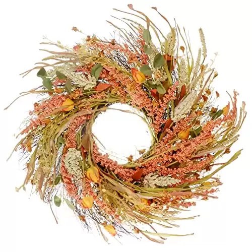 HooAMI 24.5 Inch Fall Wreaths for Front Door, Artificial Leaves Grain Wreath Autumn Door Wheat Ears Circle Garland for Autumns Harvest Fall Thanksgivings Halloween Decoration Indoor Outdoor