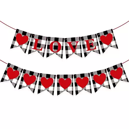 DUDOU Valentine's Day Love Banner Red Heart Buffalo Plaid Garlands Black White Hanging Bunting Sign Home Mantel Party Decorations