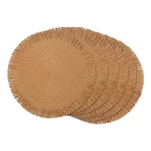 DII Woven Kitchen Collection Round Placemat Set, 15" Round, Natural Fringe, 6 Piece