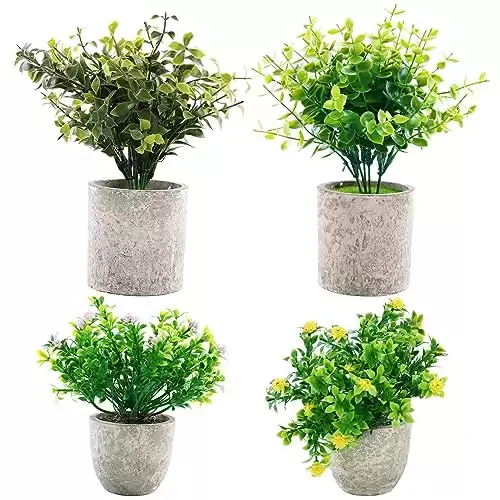 Preferhouse Small Fake Artificial Plants 4pcs, Plastic Plants Faux Plant Mini Flower Potted Eucalyptus Rosemary Succulents Plants Greenery Plant for Home Decor