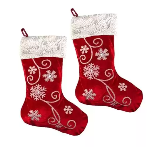 Ushinemi Christmas Stockings 2 Pack Red Velvet Christmas Stocking Embroidered Delicate Snowflake Patterns, Xmas Stockings for Family Holiday