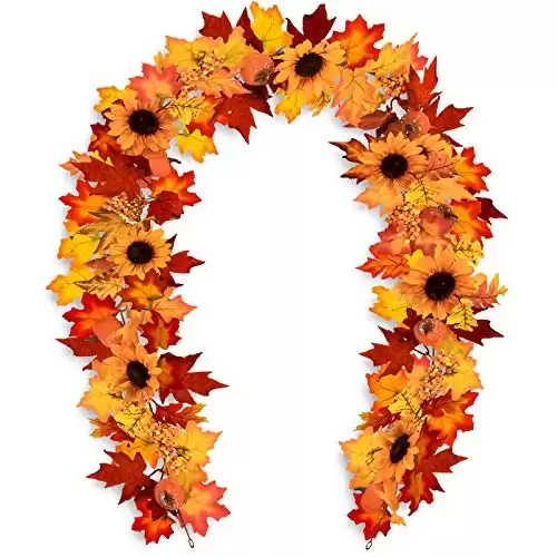 Whaline 6 Ft Fake Fall Maple Leaf Garland with Two Hooks Autumn Sunflower Pumpkin Berries Hanging Vine Decoration for Wedding Party Thanksgiving Dinner Fireplace Door Frame Doorway Backdrop Decor