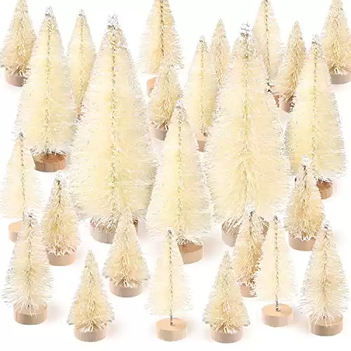 SATINIOR 60 Pieces Artificial Mini Christmas Tree Sisal Snow Trees Bottle Brush Christmas Trees Pine Trees Ornaments with Wooden Base for Christmas Party Home Decoration (4 Sizes, White)