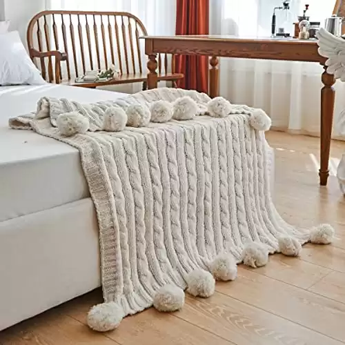 Chenille Chunky Knitted Throw Blanket with 14pcs Pom Poms Tassel Super Soft Cozy Warm Blanket for Sofa Bed Soft Couch 50 x60 inches (White)?-