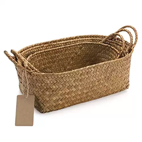 Seagrass Woven Baskets for Storage Natural Shelf Basket with Handle for Organizer Stackable Oval Set of 3 (Large+Medium+Small)