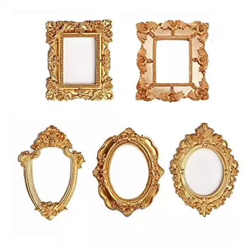 mozhixue 5 Pcs Mini Gold Frames - Small Gold Vintage Flower Oval Rectangle Baroque Frames Table Top Jewelry Display Frame for Christmas Holiday Party Hotel Decor(without Glass or Backing),Gold