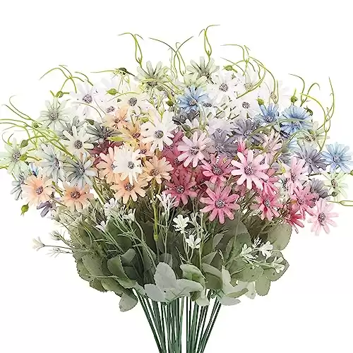 6 Bundles Fake Flowers Wildflowers Artificial Daisy Bouquet Silk Greenery Stems Plants UV Resistant Spring Floral Arrangements Decorations for Home Decor Indoor Garden Cemetery Hanging Outdoor