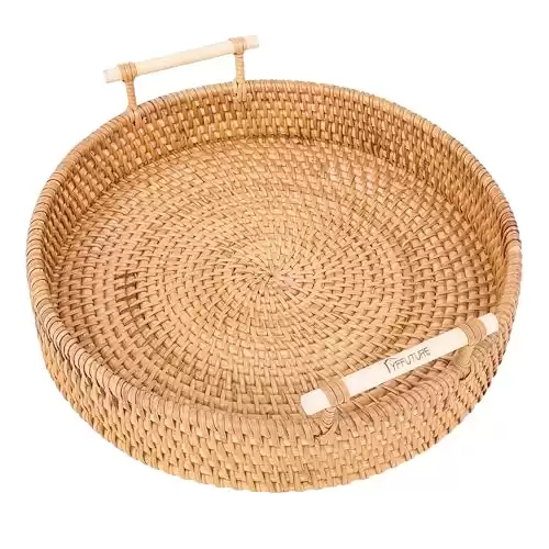 YFFuture Rattan Serving Tray 11.5-inch Round Serving Tray with Handles Handmade Round Rattan Tray Decorative Tray for Coffee Table, Food Serving, Party Round Wicker Tray for Home Decor