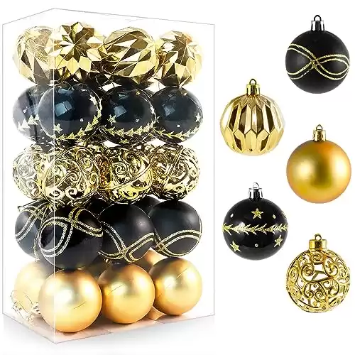 Dyreps Black and Gold Christmas Balls Ornaments - 30pcs 2.36 Inch Shatterproof Gold and Black Christmas Ornaments for Christmas Trees Decorations, Hanging Tree Ornaments for Christmas