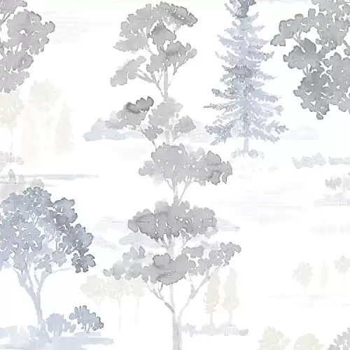 Norwall FW36834 Forest Pre-Pasted Wallpaper, Beige, Blue, Tide Blue, Grey, Charcoal, 56 Sq Ft