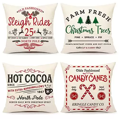 4TH Emotion Farmhouse Christmas Pillow Covers 18x18 Set of 4 Winter Holiday Decorations Xmas Rustic Throw Cushion Case for Sofa Couch Home Decor (Sleigh Rides, Farm Fresh Tree, Cocoa, Candy Canes)