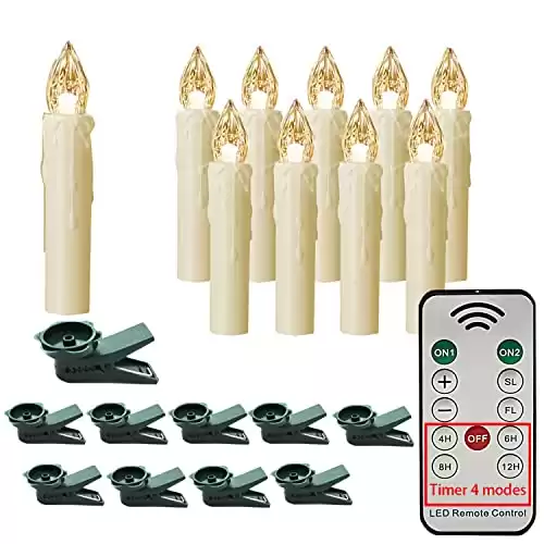 HANNAHONG 10 PCS LED Flameless Taper Candles with Remote,Small Mini Electric Dimmable Flickering Fake Wax,Battery Operated Window Clips Lights for Stick Candelabra,Wreath,Christmas Tree Decor