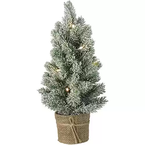 Northlight B/O LED Mini Flocked Artificial Christmas Tree with Burlap Base - 17" - Clear Lights