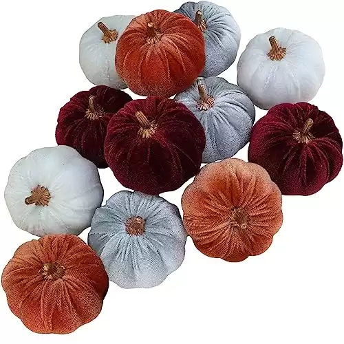 Winlyn 12 Pcs Assorted Small Faux Rustic Velvet Pumpkins Decorative Fabric Pumpkins Foam Pumpkins in Burgundy Bronze Gray White 3" for Fall Wedding Halloween Thanksgiving Table Centerpiece Décor