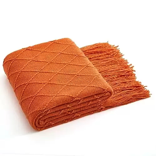 Counfeisly Acrylic Knitted Throw Blanket, Lightweight and Soft Cozy Decorative Woven Blanket with Tassels for Couch, Bed, Sofa, Travel, Suitable for All Seasons, 50 x 60 Inches, Orange