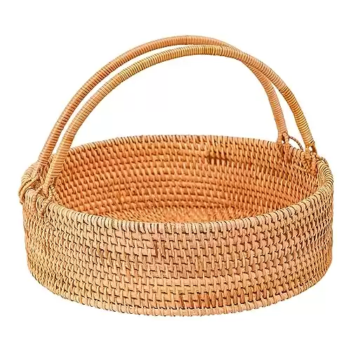 LALASUN 11Inch Rattan Picnic Basket with Handles, Round Wicker Hand-Woven Basket for Fruit, Halloween Basket Candy Basket for Wedding, Gifts, Camping, Home Decor