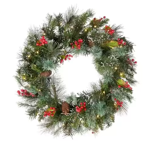 National Tree Company Pre-Lit Artificial Christmas Wreath, Green, Crestwood Spruce, White Lights, Decorated with Pine Cones, Berry Clusters, Frosted Branches, Christmas Collection, 24 Inches