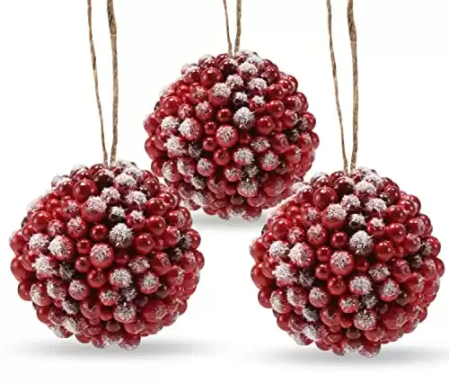 Ornativity Frosted Red Berries Ornaments - Glittered White Snowflakes on Realistic Red Cranberry Berries Ball Xmas Ornament with Rustic Twine String Christmas Tree Decoration Set - 2.4" Pack of 1...