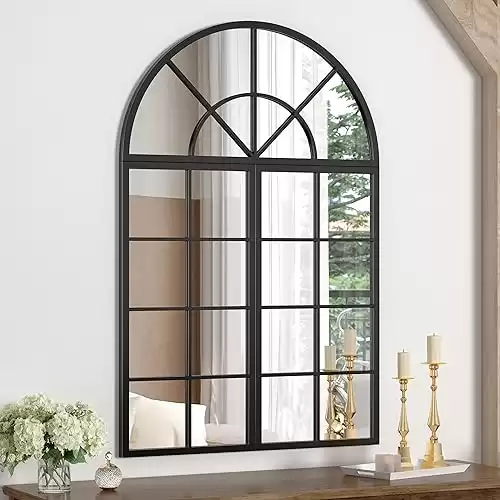 NXHOME Black Arched Window Finished Metal Mirror, 47.24 31.5" Set of 3pcs,Spliced Detachable Composable Wall Mirror Windowpane Decoration for Living Room Decorative