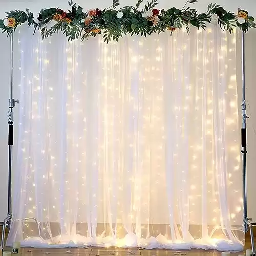 White Tulle Backdrop Curtain with Lights String for Parites 10 8ft Sheer Backdrop Curtains White Curtain Backdrop for Wedding Baby Shower Birthday Party Photo Shoot Decorations(2 Panels 10ft 8ft)