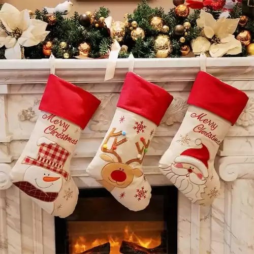 WEWILL Vintage Christmas Stockings Set of 3 Santa, Snowman, Reindeer, Xmas Character Large Christmas Stocking Hanging Tag Knit Border for Family Kids