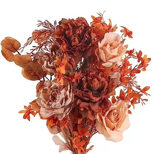 DHISUFU Fake Flowers Burnt Orange Silk Flowers Bouquet Faux Autumn Flowers Artificial Flowers Bouquet for Fall Home Decor Flower Arrangement Wedding Bouquet