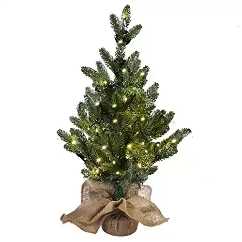 MorTime 24 Inch Mini Artificial Christmas Tree with 50 LED Lights, 2 ft Table Top Christmas Pine Tree 29 Tips with Burlap Wooden Base, Christmas Winter Home Decorations