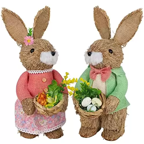 Juegoal Set of 2 Easter Standing Bunny Couple, 13.8" Handmade Straw Bunny Figurine, Easter Rabbits Tabletop Statues, Cute Rabbit Photo Props Gifts for Office Kitchen Farmhouse Spring Home Decor