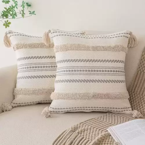 BUIOVBEY Boho Throw Pillow Covers 20x20 Set of 2 Woven Tufted Farmhouse Pillows Cover with Tassels Textured Striped Cushion Case Neutral Pillow Cases Decorative Pillowcase for Sofa, Couch, Bed, Khaki