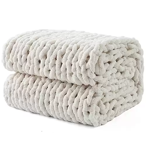 LONG CREATE Chunky Knit Throw Blanket 50"X 60", 100% Handmade with Soft Chenille Yarn, 4.4lbs Thick Cable Knitted Blankets, Large Rope Knot Crochet Throws for Couch Sofa Bed Home Decor, Crea...